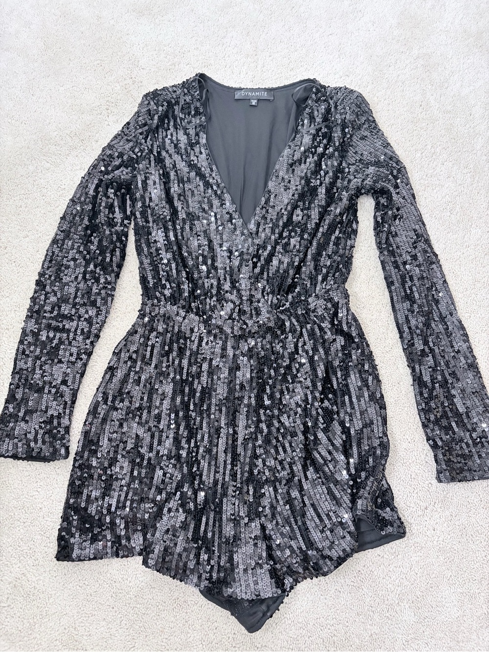 Dynamite Black Sequin Long Sleeve Wrap Romper